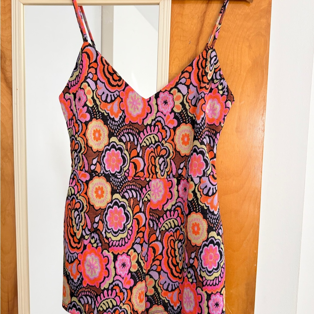 Zara Floral Print Spaghetti Strap Women’s Romper in Pink & Orange